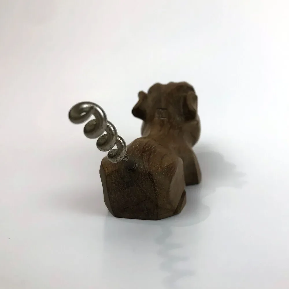 VTG Bulldog Bottle Opener  Corkscrew Hand Carved Wood France Blue Glass Eyes
